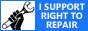 A badge with a hand holding a wrench and the text "I support the right to repair"