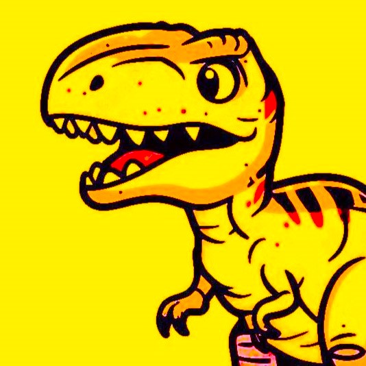 A yellow cartoon allosaurus over a yellow background